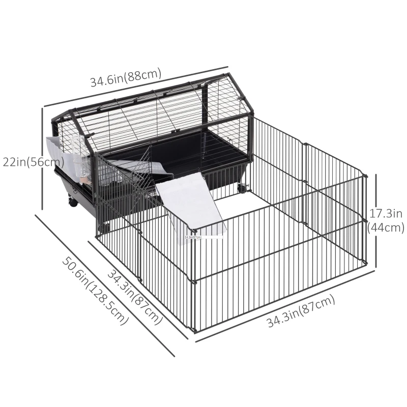 PawHut Metal Small Animal Cage, Rabbit Cage for Guinea Pig Chinchilla Hedgehog Bunny with Removable Wheels and Foldable Detachable Run Fence, 34.6" L x 50.6" W x 22" H