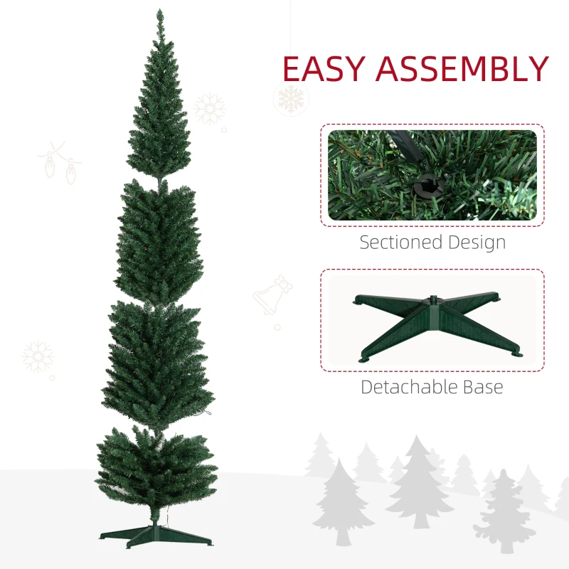 HOMCOM 8ft Pencil Christmas Tree, Slim Artificial Christmas Tree with Realistic Branches and Warm White LED Lights, Green