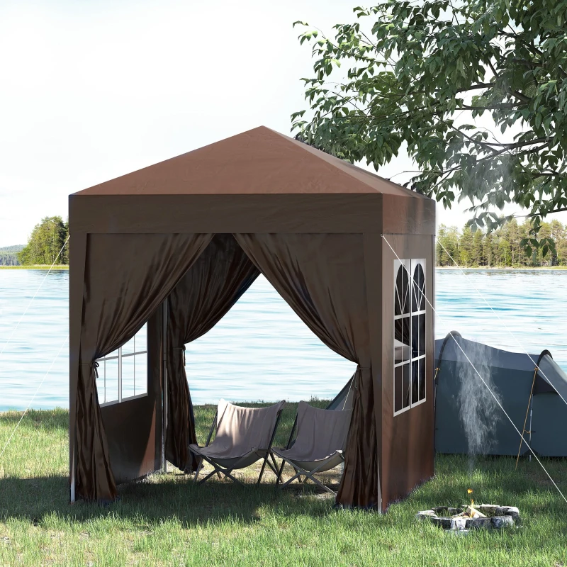 Outsunny 6.6'x6.6' Pop Up Canopy Tent with Sidewalls, Instant Sun Shelter Camping Gazebo with Carry Bag, Brown