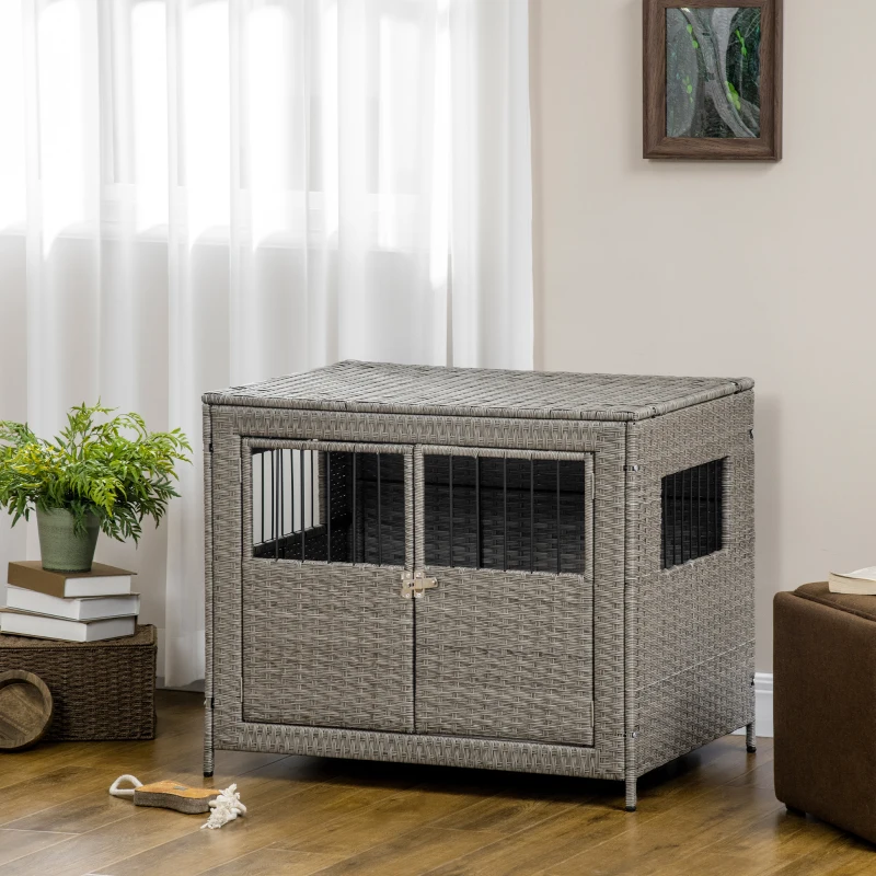 PawHut Rattan Dog Crate with Double Doors, Wicker Dog Cage with Soft Washable Cushion, Dog Kennel Furniture Outdoor Indoor for Medium to Large Sized Dogs, Gray