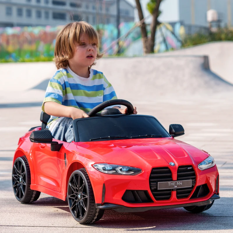 Qaba BMW M4 Licensed 12V Ride on Car, Kids Car w/ Remote Control, Suspension, Handle Attachment, LED Lights, Music, Red