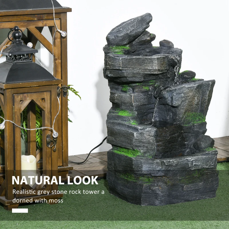 Outsunny 4-Tiered Rock Outdoor Water Fountain with LED Lights, Adjustable Flow, 22.4-inch Resin Waterfall Fountain