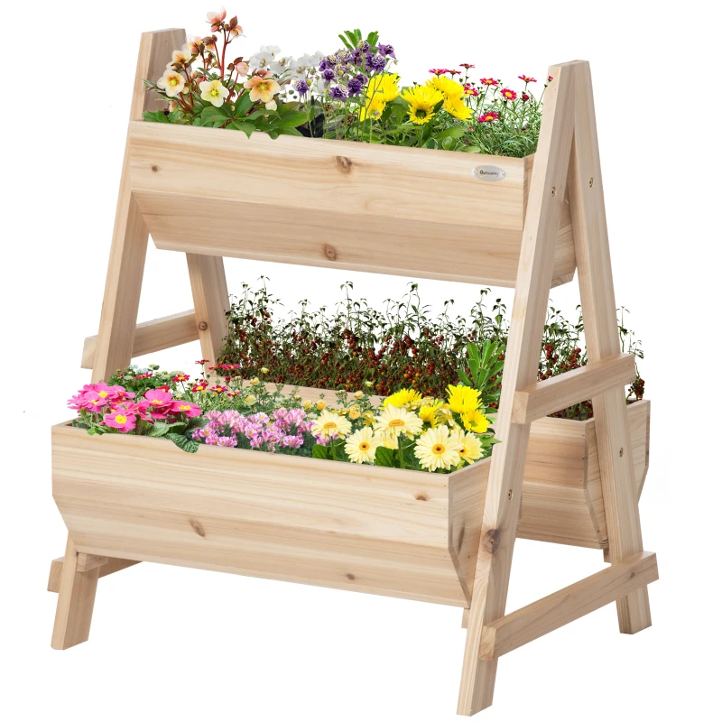 Outsunny 3 Tier Verctial Raised Garden Bed, Wooden Elevated Planter Box with Fabric Liner and Drainage Holes, for Vegetables, Herbs, Flowers, Natural