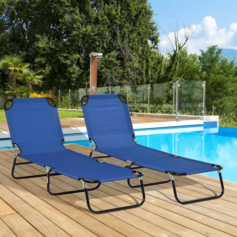 Outsunny 2 Piece Folding Chaise Lounge Pool Chairs, Outdoor Sun Tanning Chairs with 5-Level Reclining Back, Steel Frame for Beach, Yard, Patio, Blue