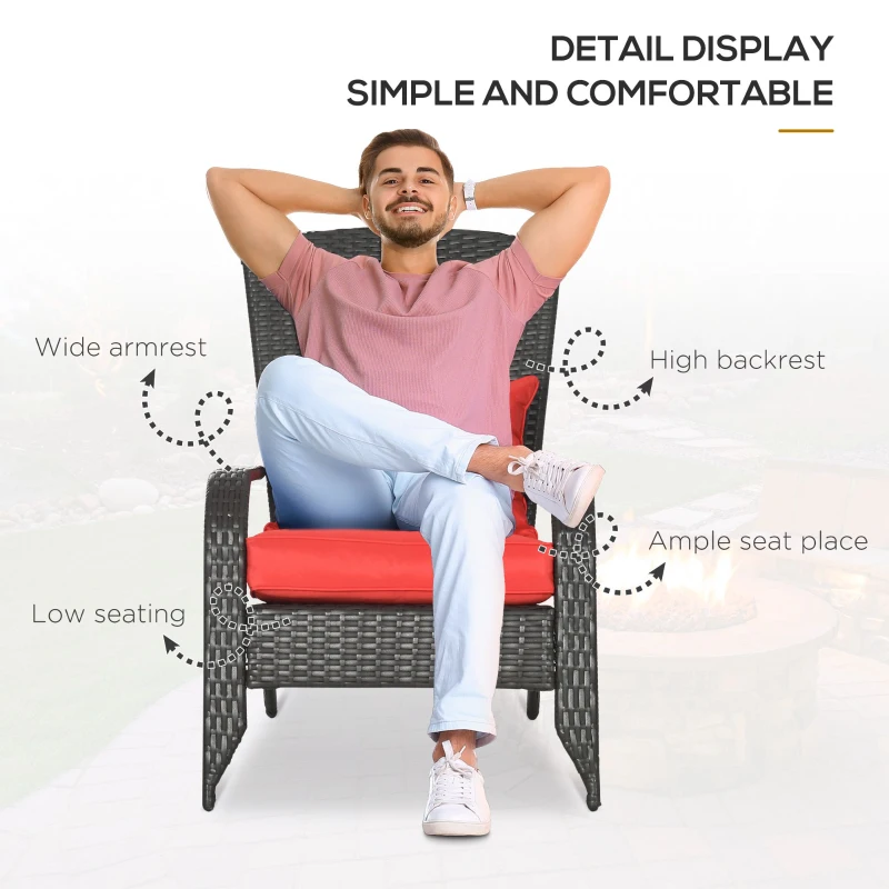 Outsunny Patio Wicker Adirondack Chair, Outdoor Rattan Muskoka Chair with Cushions for Patio, Garden, Backyard, Red