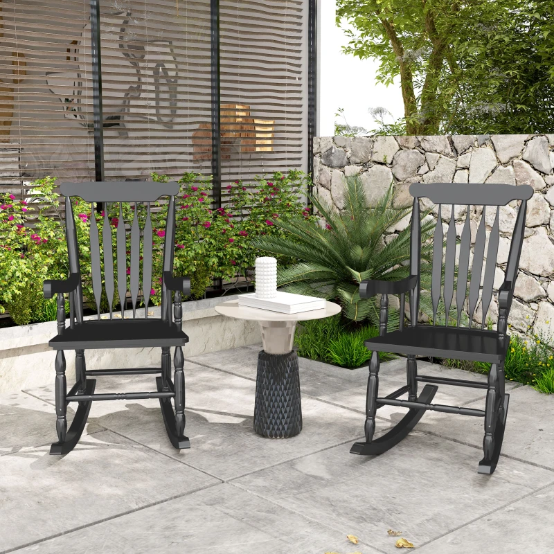 Outsunny Porch Rocker Chairs Set of 2, 350 lbs. Wooden Outdoor Rocking Chairs with High Back for Garden, Patio, Balcony, Black