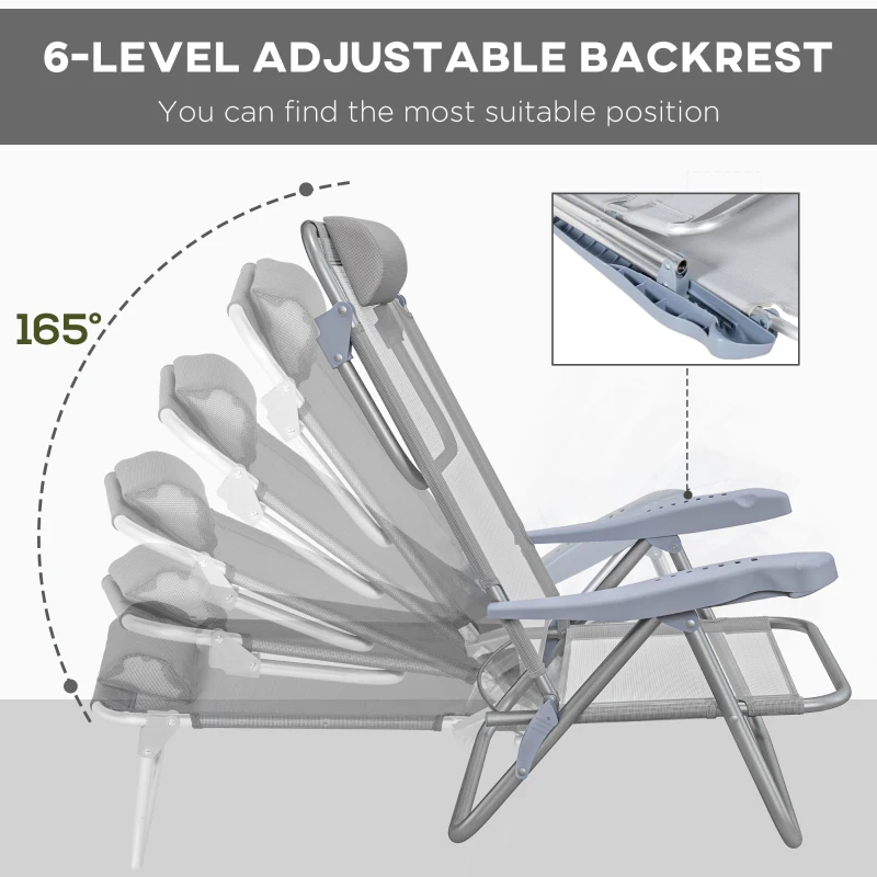 Outsunny Set of 2 Fishing Chairs, Camping Chairs with Adjustable Backrest and Headrest, Folding Chair for Outdoor, Light Grey