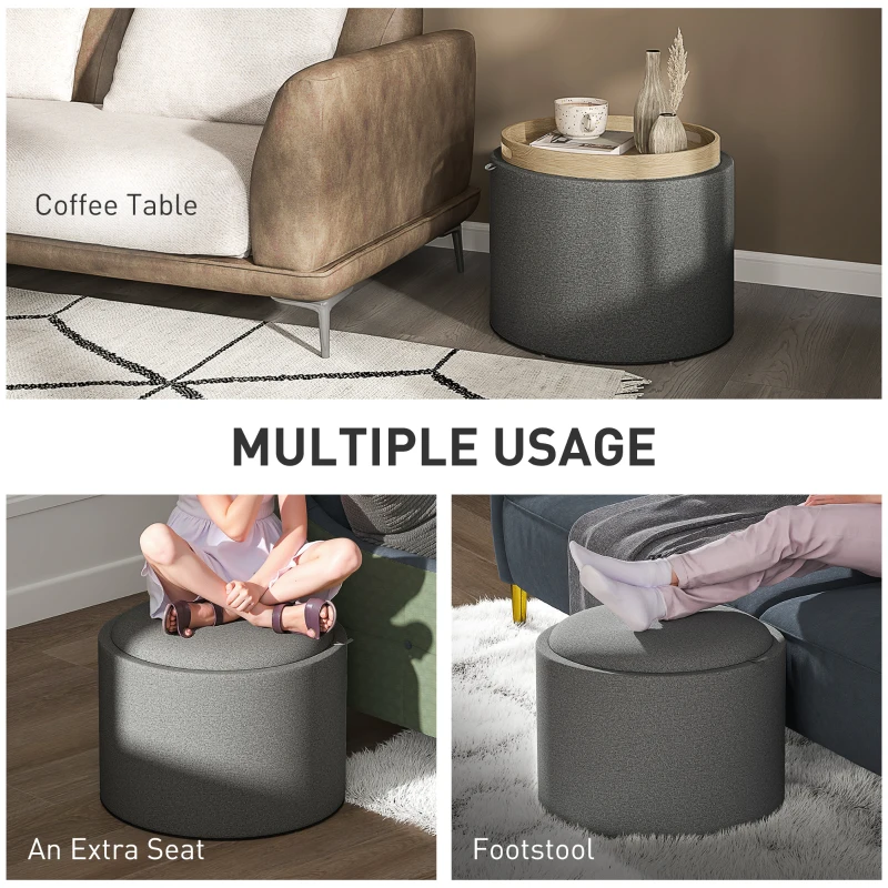 HOMCOM Round Storage Ottoman Coffee Table with Flip Top Tray, Linen Fabric Upholstered Footstool with Hidden Compartment