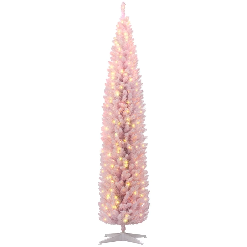 HOMCOM 8ft Pencil Christmas Tree, Slim Artificial Christmas Tree with Realistic Branches and Warm White LED Lights, Pink