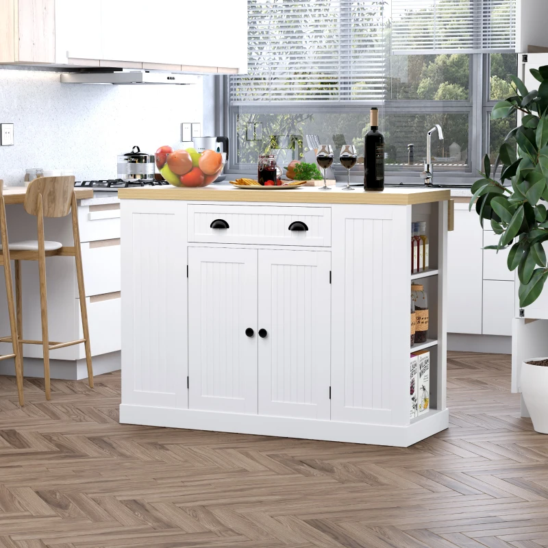 HOMCOM 47" Fluted-Style Wooden Kitchen Island, Kitchen Countertop Storage Cabinet with Drop Leaf, Drawer, Open Shelves, Storage, White