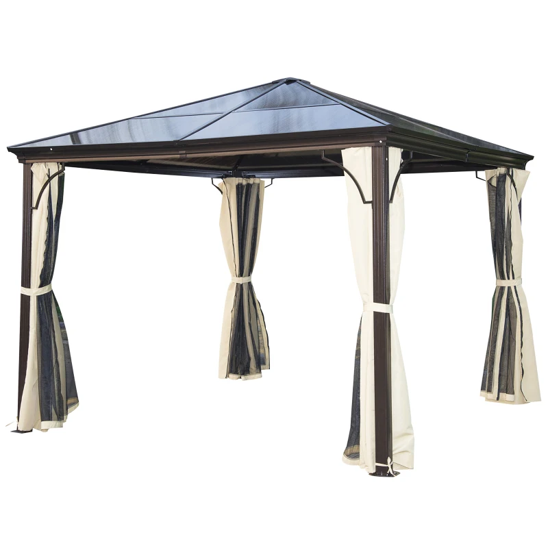 Outsunny 10' x 10' Hardtop Gazebo Canopy with Polycarbonate Roof, Aluminum Frame, Permanent Pavilion Outdoor Gazebo with Netting, for Patio, Garden, Backyard, Deck, Lawn, Black, Beige