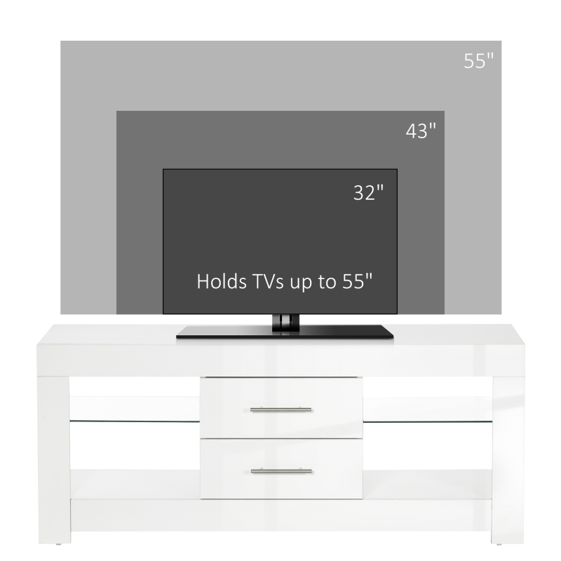 HOMCOM TV Stand with LED Lights for TVs up to 55", TV Cabinet with Storage Shelves and Drawers, 47.2"x15.7"x19.7", White