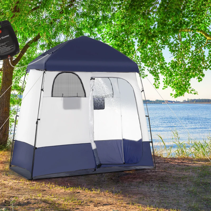 Outsunny Outdoor Portable Pop Up Shower Tent Changing Tent Privacy Enclosure with 2 Rooms, Shower Bag, Floor for Camping, Blue