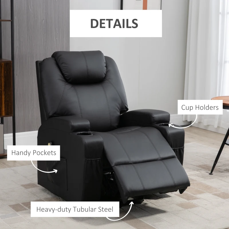 HOMCOM Power Lift Recliner Chair for Elderly, PU Leather Lift Chair with Footrest, Remote Control, Side Pockets and Cup Holders, Reclining Sofa for Living Room, Black
