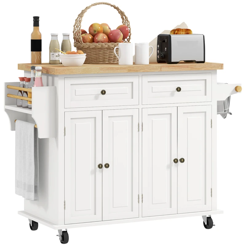 HOMCOM Kitchen Island on Wheels, Rolling Cart with Rubberwood Top, Spice Rack, Towel Rack and Drawers, Cream White