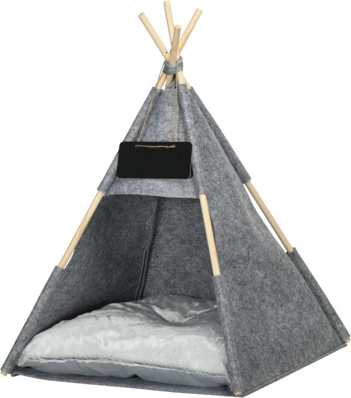 PawHut Pet Teepee Tent Cat Cave Small Dog Bed with Thick Cushion, Name Chalkboard for Kitten and Puppy Grey