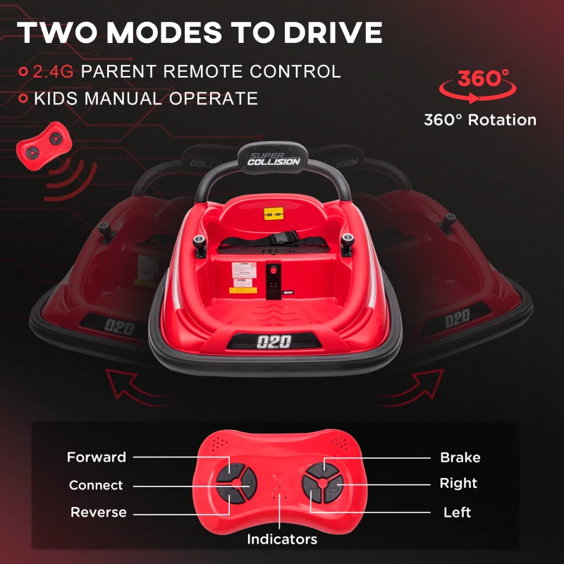 Aosom 12V Kids Bumper Car, 360° Rotation Electric Ride On Car, Twins Motor Battery Powered Toy, w/ Parent Remote Control, Safety Belt, Colorful LED Lights,, Red