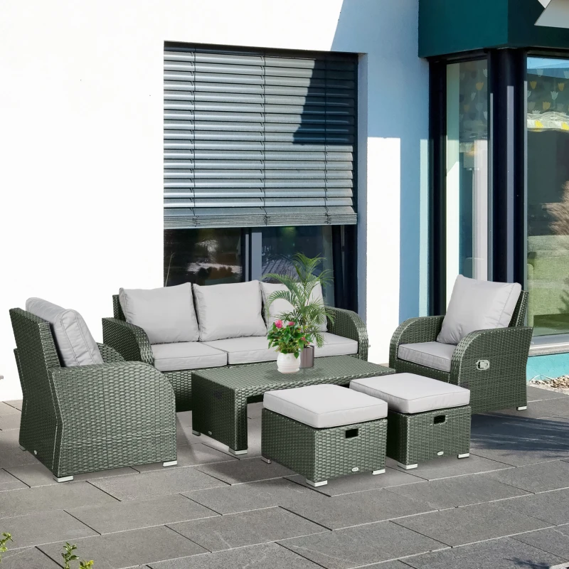 Outsunny 6-Piece Outdoor Rattan Patio Sectional Sofa Set with 3-Seat Couch, 2 Recliners, 2 Ottoman Footrests, & Coffee Table Conversation Set, Light Gray