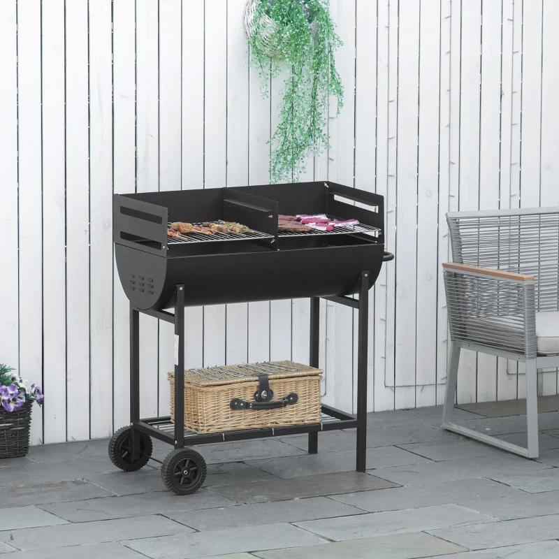 Outsunny 35.5" Portable Charcoal Grill BBQ with Dual Zone, Height Adjustable Cooking Grates, Outdoor Barbecue Trolley with Shelf, Wheels for Patio Backyard Camping Picnic, Black