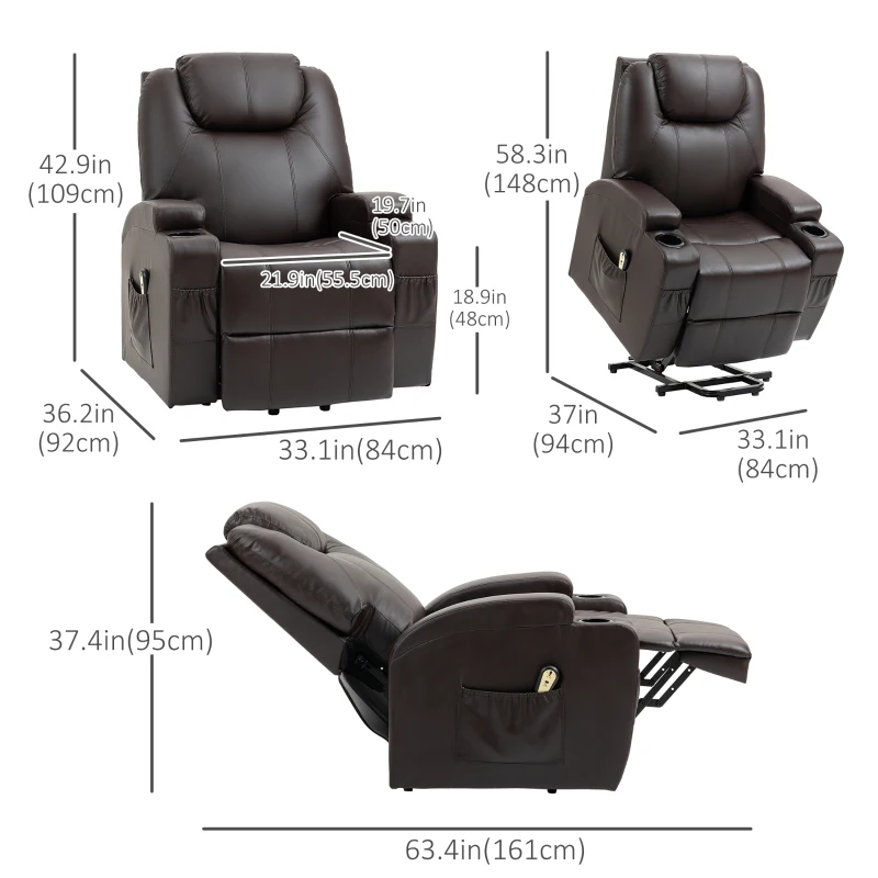 HOMCOM Power Lift Recliner Chair for Elderly, PU Leather Lift Chair with Footrest, Remote Control, Side Pockets and Cup Holders, Reclining Sofa for Living Room, Brown