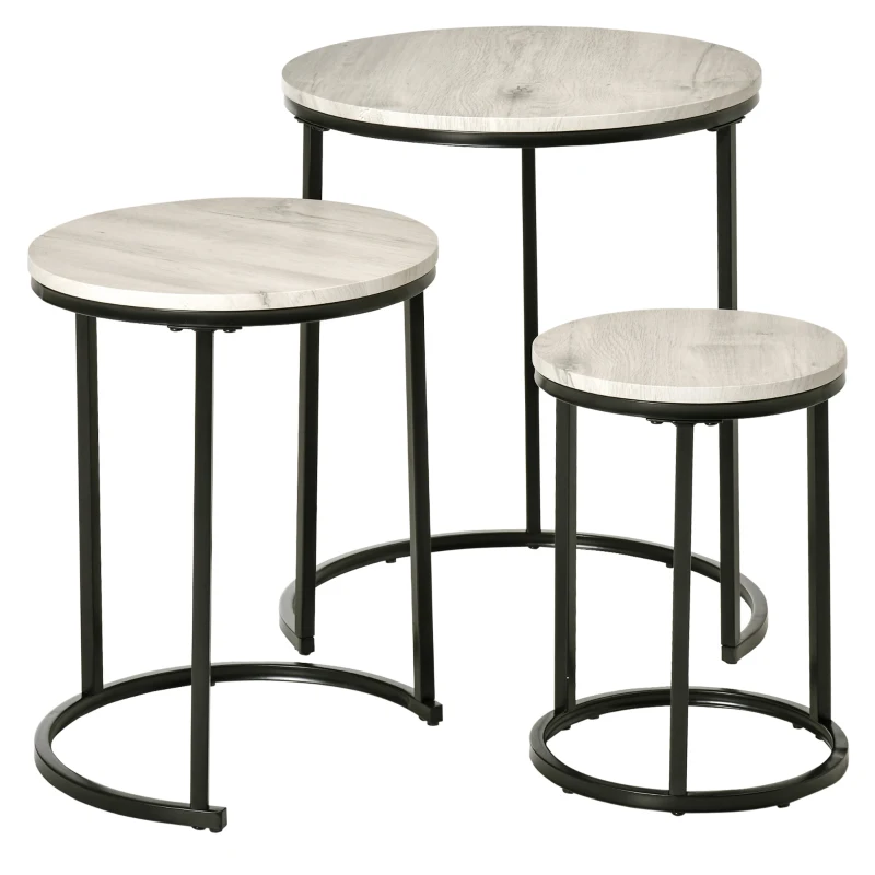 HOMCOM Nesting Tables Set of 3, Round Coffee Table, Stacking Side Tables with Steel Frame for Living Room, Grey