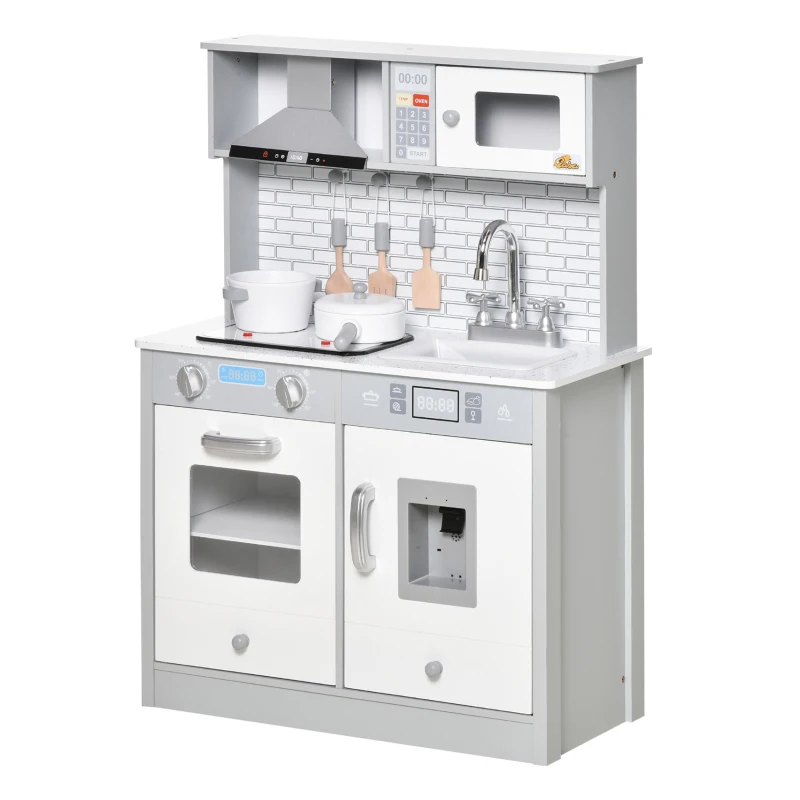 Qaba Play Kitchen with Sink, Microwave, and Ice Machine, Kids Kitchen Playset with Sound Effects and Lights, Pretend Toy Set for 3+ Years Old