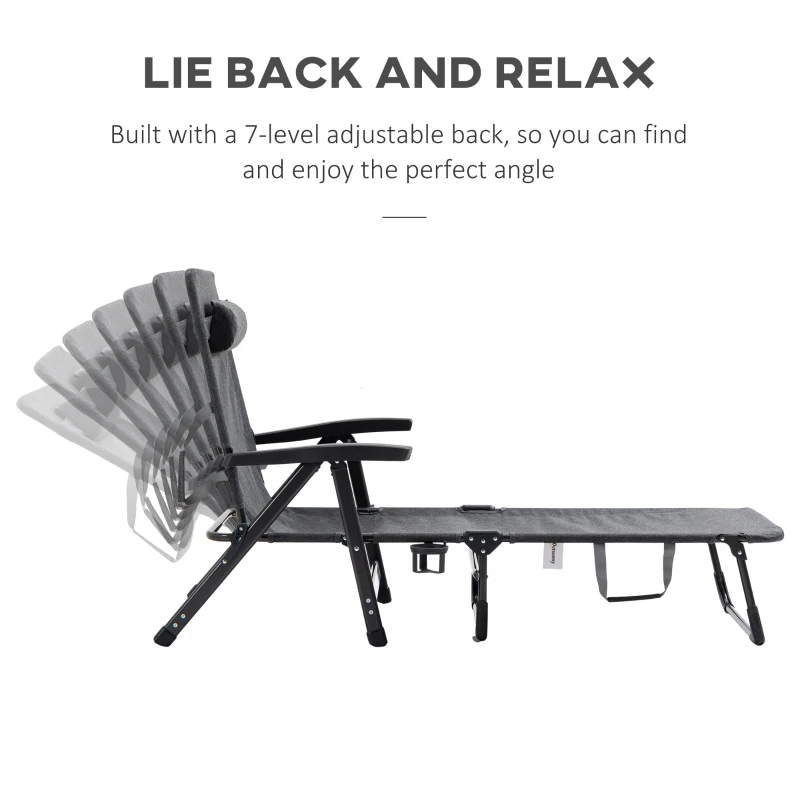 Outsunny Outdoor Folding Lounge Chaise Chair, Pool Chair with Adjustable Backrest, Pillow and Cup Holder for Poolside, Deck, Lawn, Gray