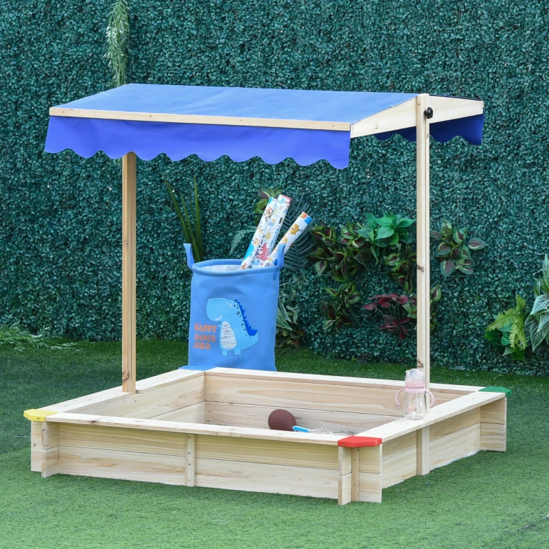 Outsunny Wooden Sandbox w/ Adjustable Canopy, Children Outdoor Playset Weather Resistant 47" L x 47" W x 47" H, Natural & Blue
