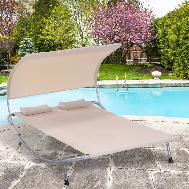 Outsunny 79" Outdoor Lounge Chair with Canopy, Double Chaise Lounger Hammock Bed w/ Pillow and Wheels, Sand