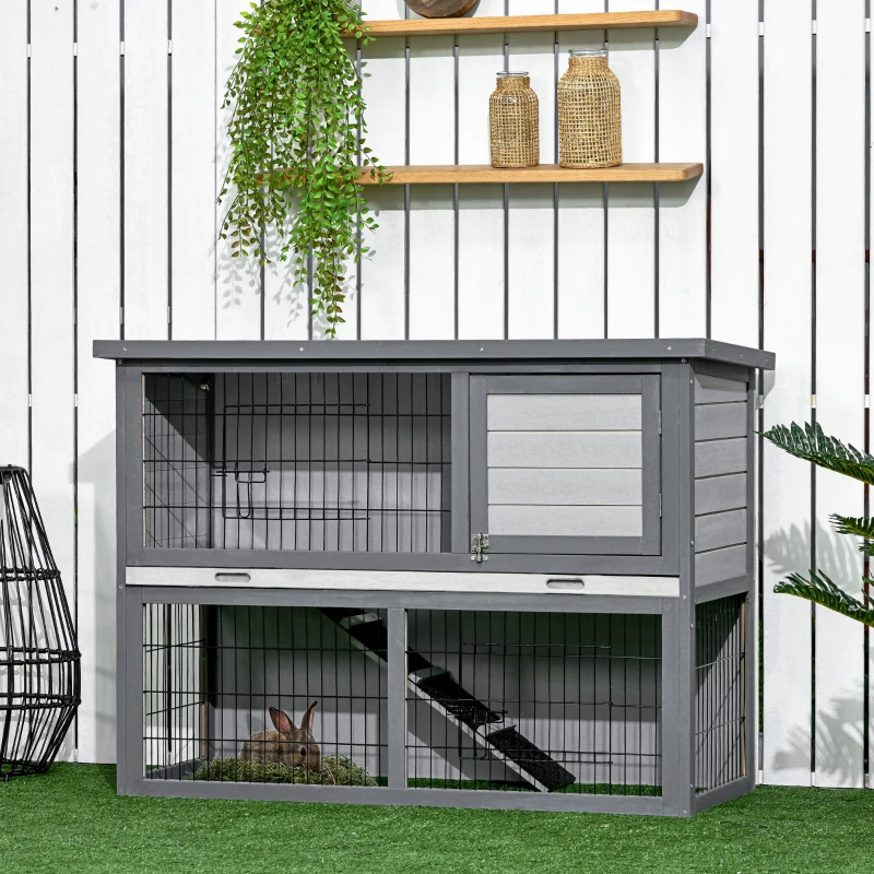 PawHut 42.5" Wooden Rabbit Hutch Bunny Cage Small Animal House Enclosure with Ramp, Removable Tray and Weatherproof Roof for Outdoor, Gray