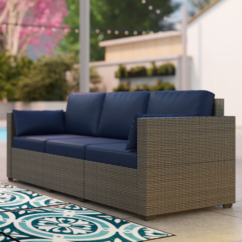Outsunny Patio Couch PE Wicker Deep Seating Outdoor Sofa with Removable Cushions, 3 Seater Rattan Sofa, Outdoor Furniture for Balcony, Deck, Garden and Poolside, Navy Blue