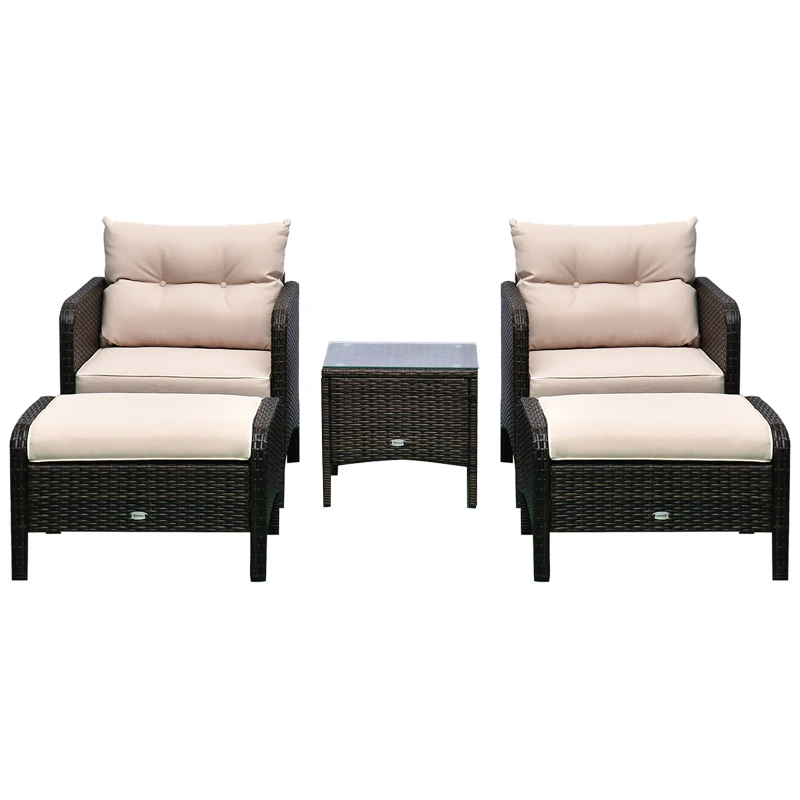 Outsunny 5 Pieces Rattan Wicker Lounge Chair Outdoor Patio Conversation Set with 2 Cushioned Chairs, 2 Ottomans and Tempered Glass Top Coffee Table, Brown/Beige