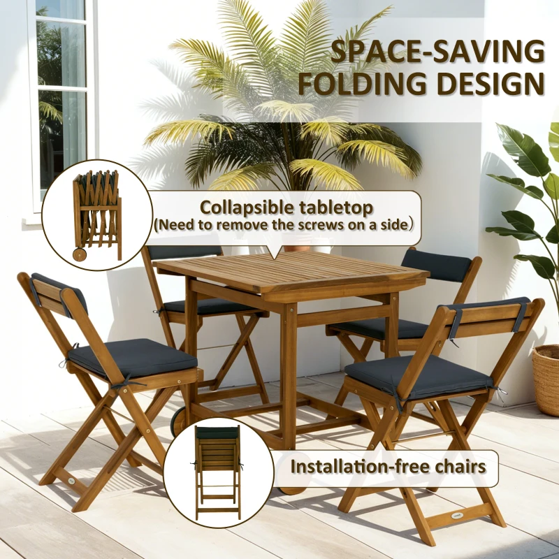Outsunny 5 Pieces Wood Patio Dining Set, Wheeled Patio Table and Folding Chairs with Cushions for Garden Backyard Poolside, Teak