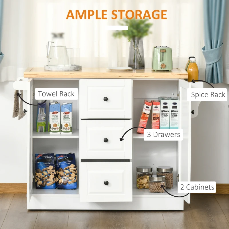 HOMCOM Modern Kitchen Island, Utility Cart on Wheels with Barn Door, Buffet Cabinet with 3 Drawers 2 Compartments, White