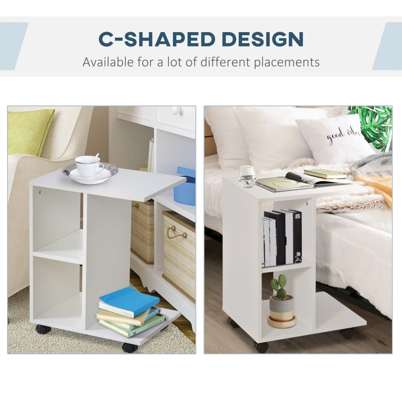 HOMCOM C-Shape Side Table End Table with Storage Open Shelf, Coffee Table on Wheels for Home Office Studio White