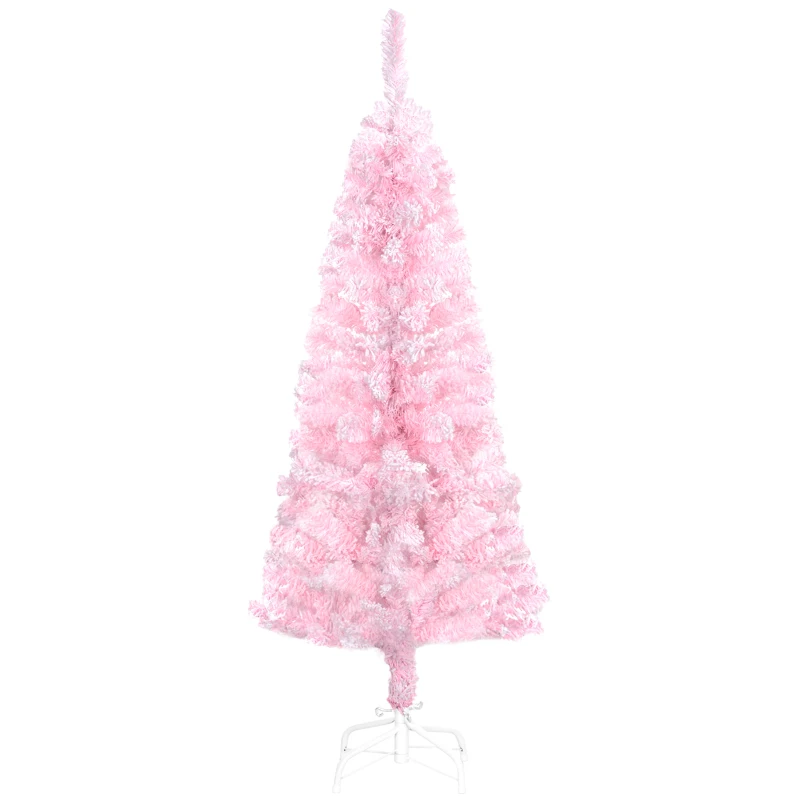 HOMCOM 4 ft Flocked Pencil Christmas Tree, Artificial Christmas Tree with Realistic Branches, Auto Open and Steel Base, Pink