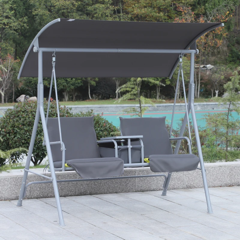 Outsunny Double Outdoor Swing Chair 2 Person Covered Swing Porch Swing w/ Pivot Table & Storage Console, Grey