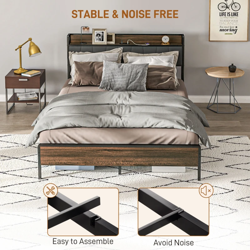 HOMCOM Full Size Bed Frame with Charging Station, Full Bed Frame with Upholstered Headboard and Storage Shelf, Walnut