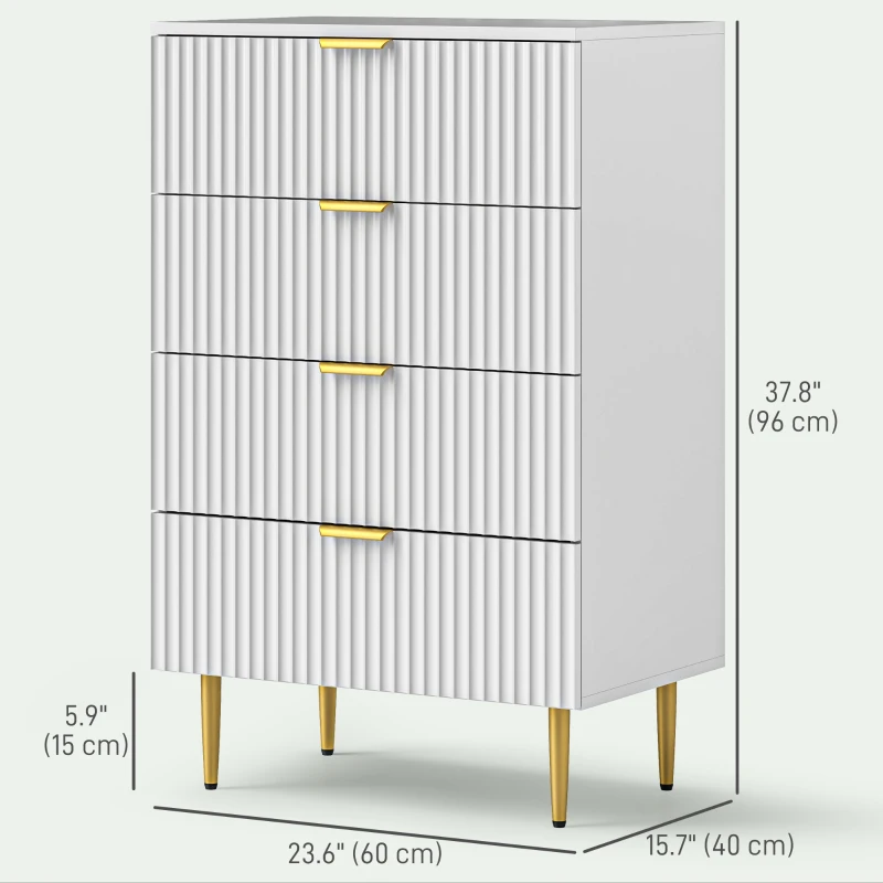 HOMCOM Modern Chest of Drawers 4 Drawer Dresser for Bedroom with Gold Legs and Handles, White