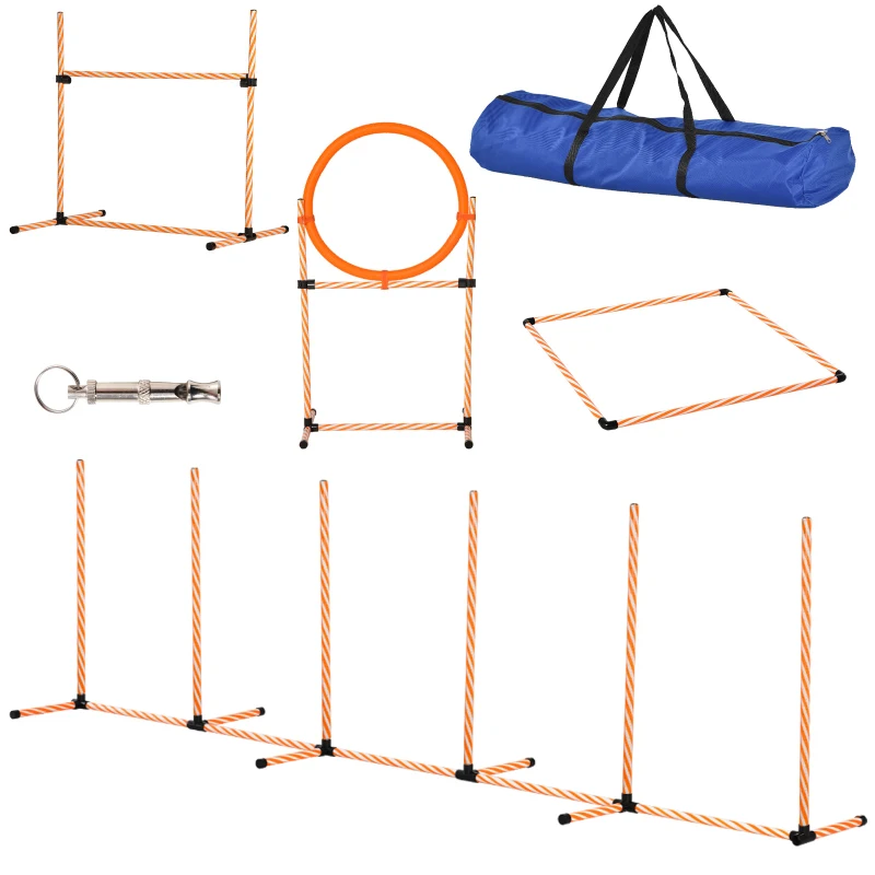 PawHut 4PC Portable Pet Agility Training Set Hurdle for Dog Obstacle Exercise with Adjustable Height Jump Ring High Jumper Weave Poles Square Pause Box Carry Bag Whistle Orange and White