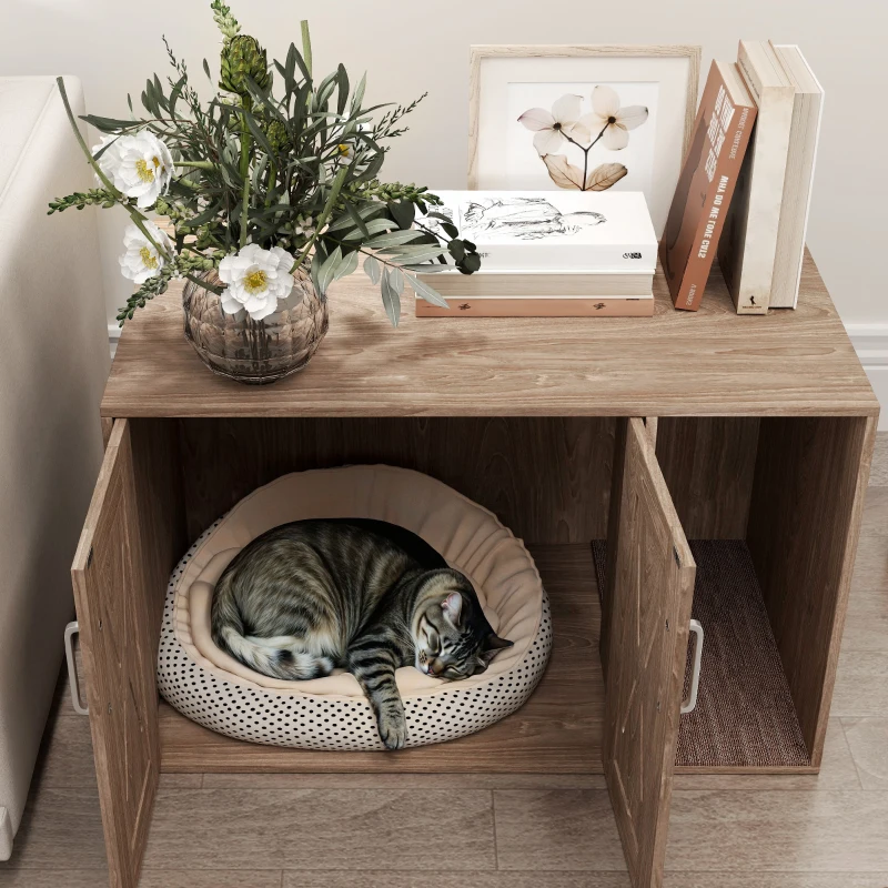 PawHut Cat Litter Box Enclosure with Scratching Board, Cat Washroom End Side Table, 31.5" x 19" x 20", Walnut Brown