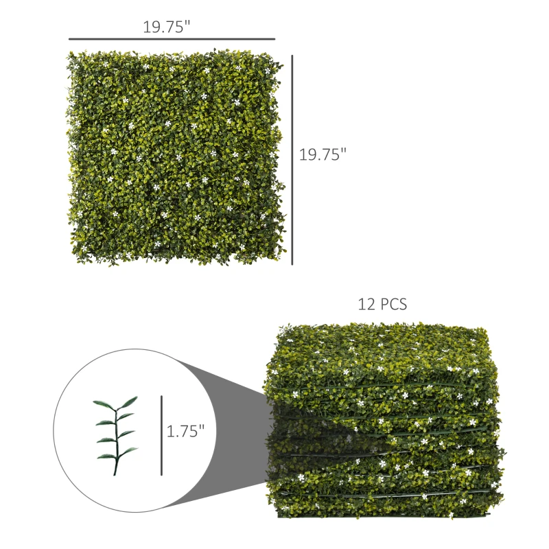 Outsunny 12PCs Grass Wall Panels, 20" x 20" Artificial Grass Wall Decor, Greenery Backdrop Panels Wall for Outdoor, Indoor, Garden, Fence, Backyard, Green and White