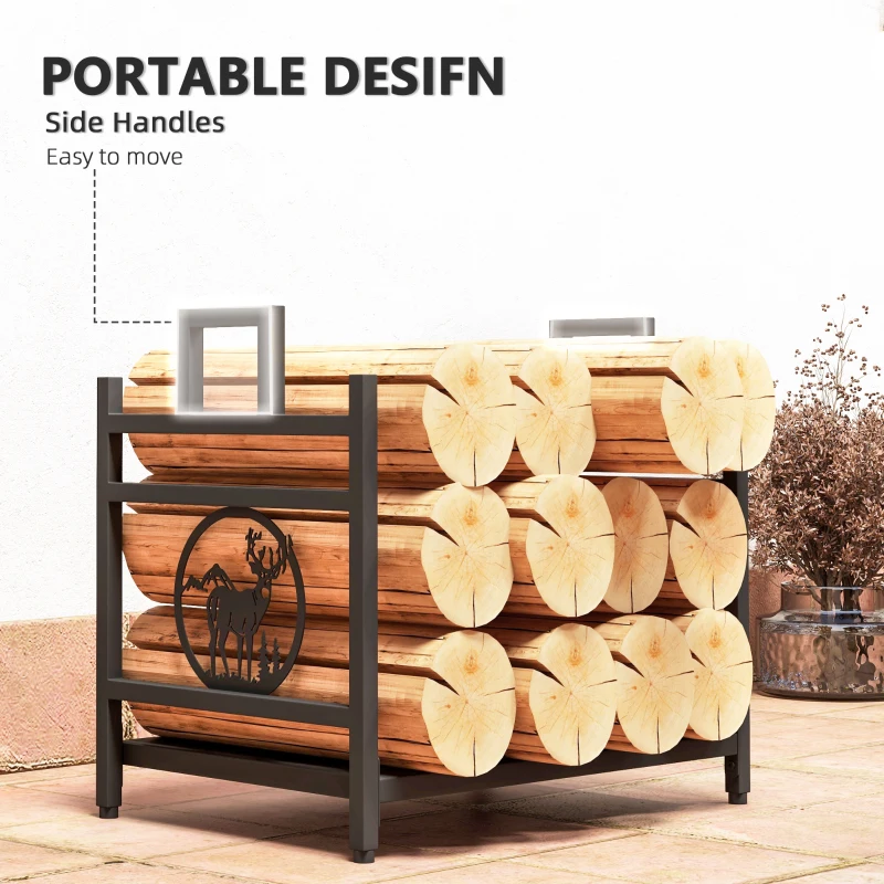 Outsunny Decorative Firewood Rack Outdoor Indoor Steel Wood Storage Log Holder with Side Handles, 19.7" x 13.4" x 17.7", Black