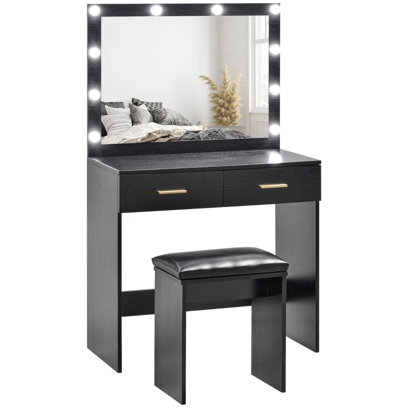 HOMCOM Makeup Vanity Table Set with Stool, Dressing Table with LED Lighting Mirror, Drawers, for Bedroom, Black