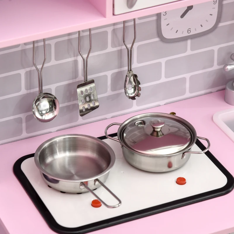 Qaba Pretend Play Kitchen with Sound Effects and Stove Lights, Kids Kitchen Playset with Storage, Water Dispenser Preschool & Kindergarten Gift for 3-6 Years Old, Pink
