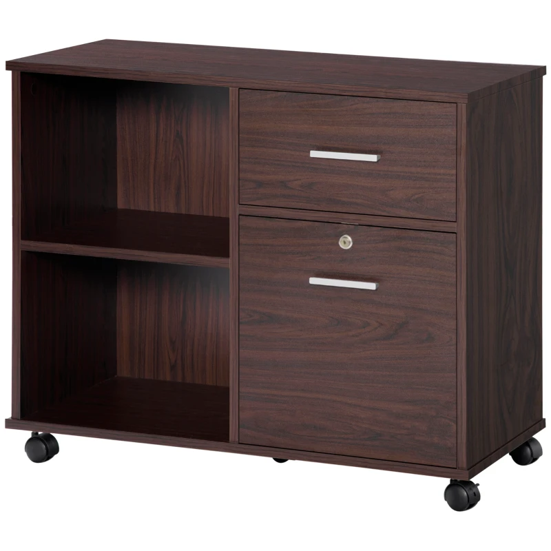 Vinsetto Lateral File Cabinet with Wheels, Mobile Printer Stand with Open Shelves and Drawers for A4 Size Documents, Walnut