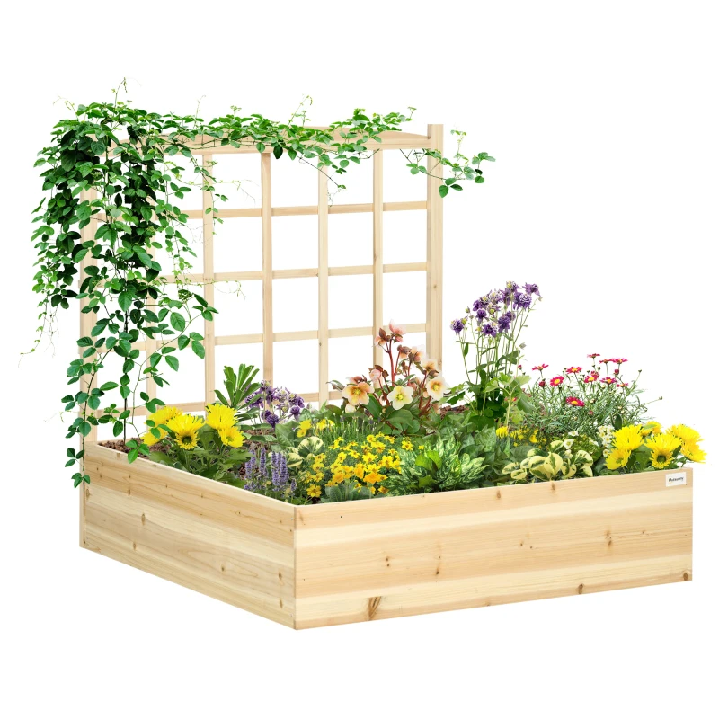 Outsunny Wood Planter Box with Trellis for Climbing Plants, Raised Garden Bed for Outdoor Flowers Herbs, 43"x46"x47", Natural