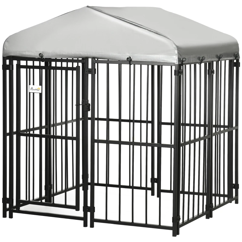 PawHut 4' x 4' Dog Kennel, Outdoor Dog Playpen Run with Waterproof, UV Resistant Canopy, Heavy-Duty Chain Link for Small and Medium Dogs