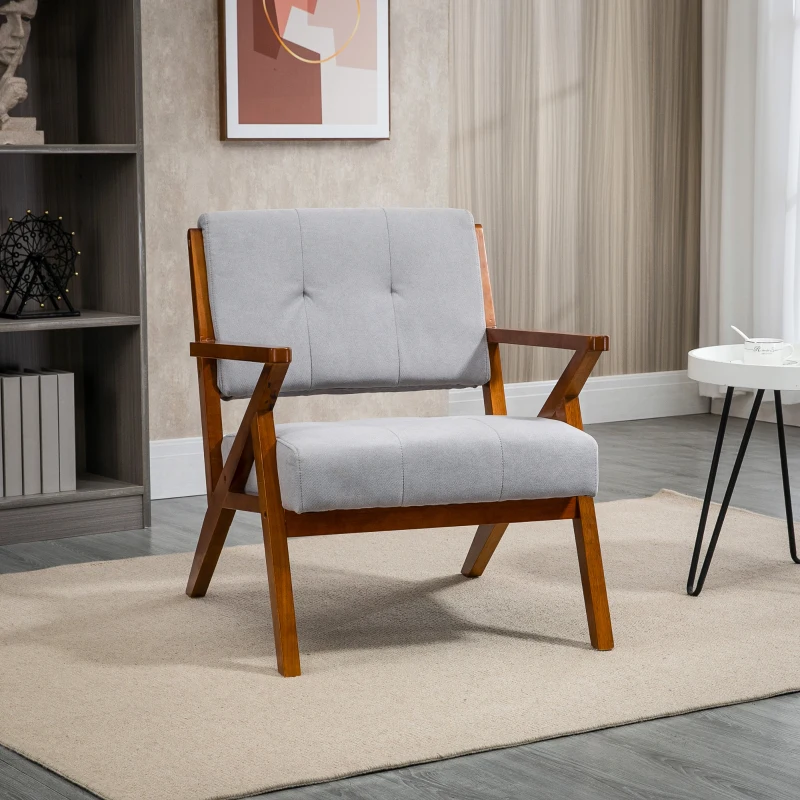 HOMCOM Armchair with Removable Seat and Back Cushion for Bedroom Tufted Living Room Chair with Faux Leather and Wood Legs Grey