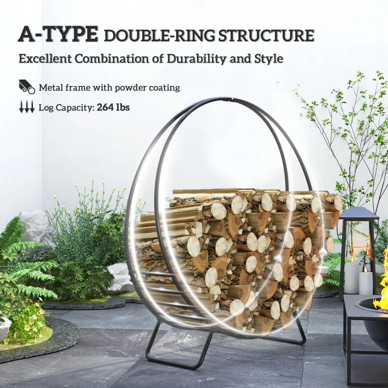 Outsunny 48" Firewood Rack with Waterproof Cover, Heavy Duty Wood Storage Holder Log Rack for Indoor Outdoor, Black